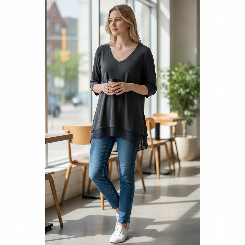 Soft Surroundings Black V-Neck Tunic Top 3/4 Sleeve Layered Hem 2FH99 Womens‎ M